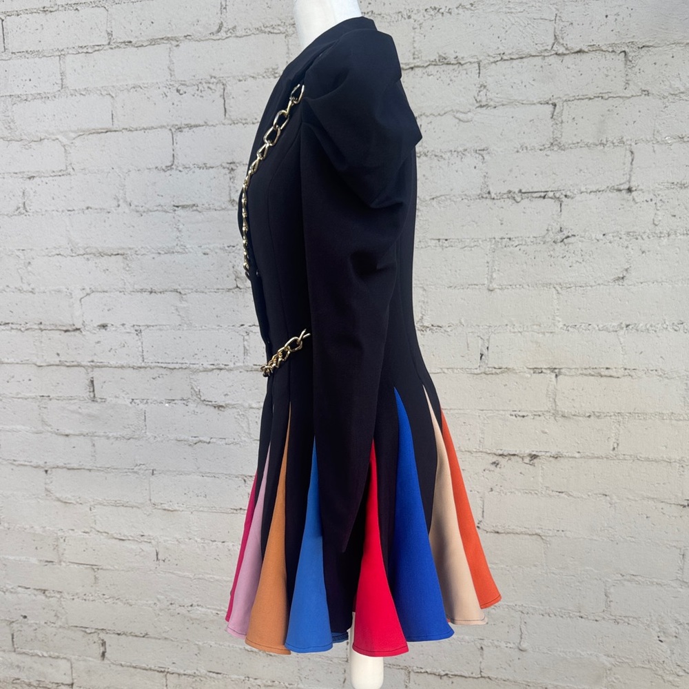 L'ATISTE by Amy Black Coat Dress Rainbow Pleated Skirt Gold Chains Size S - Picture 7 of 16